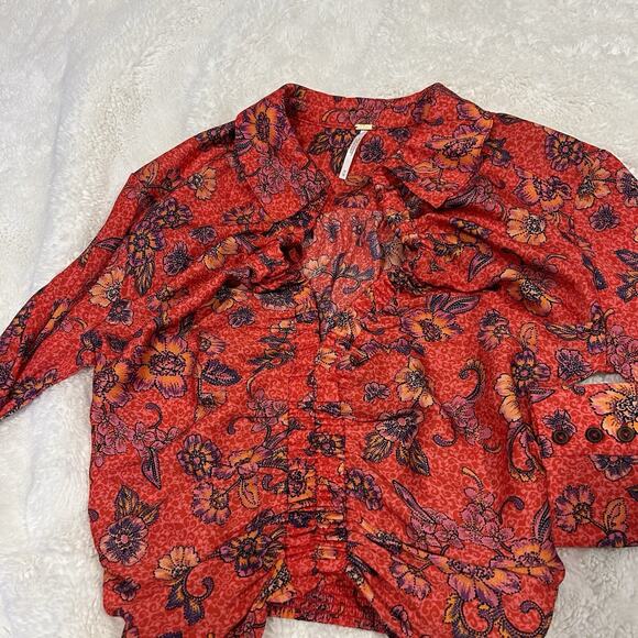 Free People Womens Sz M Floral Long Sleeve Orange Boho Indie Resort Core Summer - Picture 2 of 5